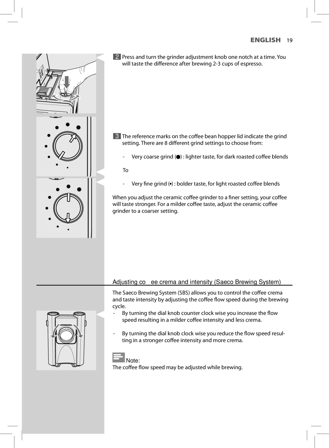 Philips HD8855, HD8857 user manual Adjusting coffee crema and intensity Saeco Brewing System 