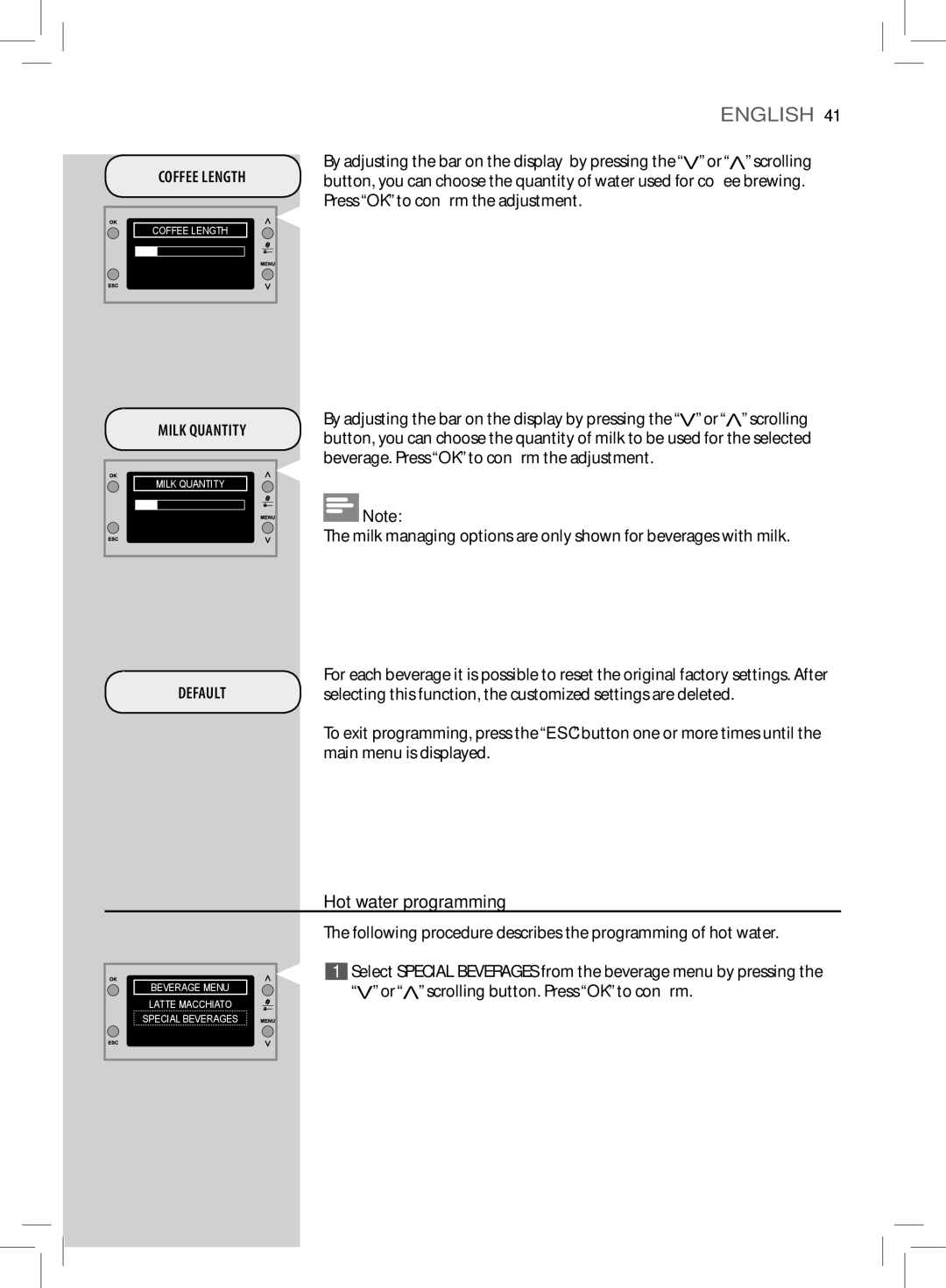 Philips HD8855, HD8857 user manual Hot water programming, Milk Quantity 