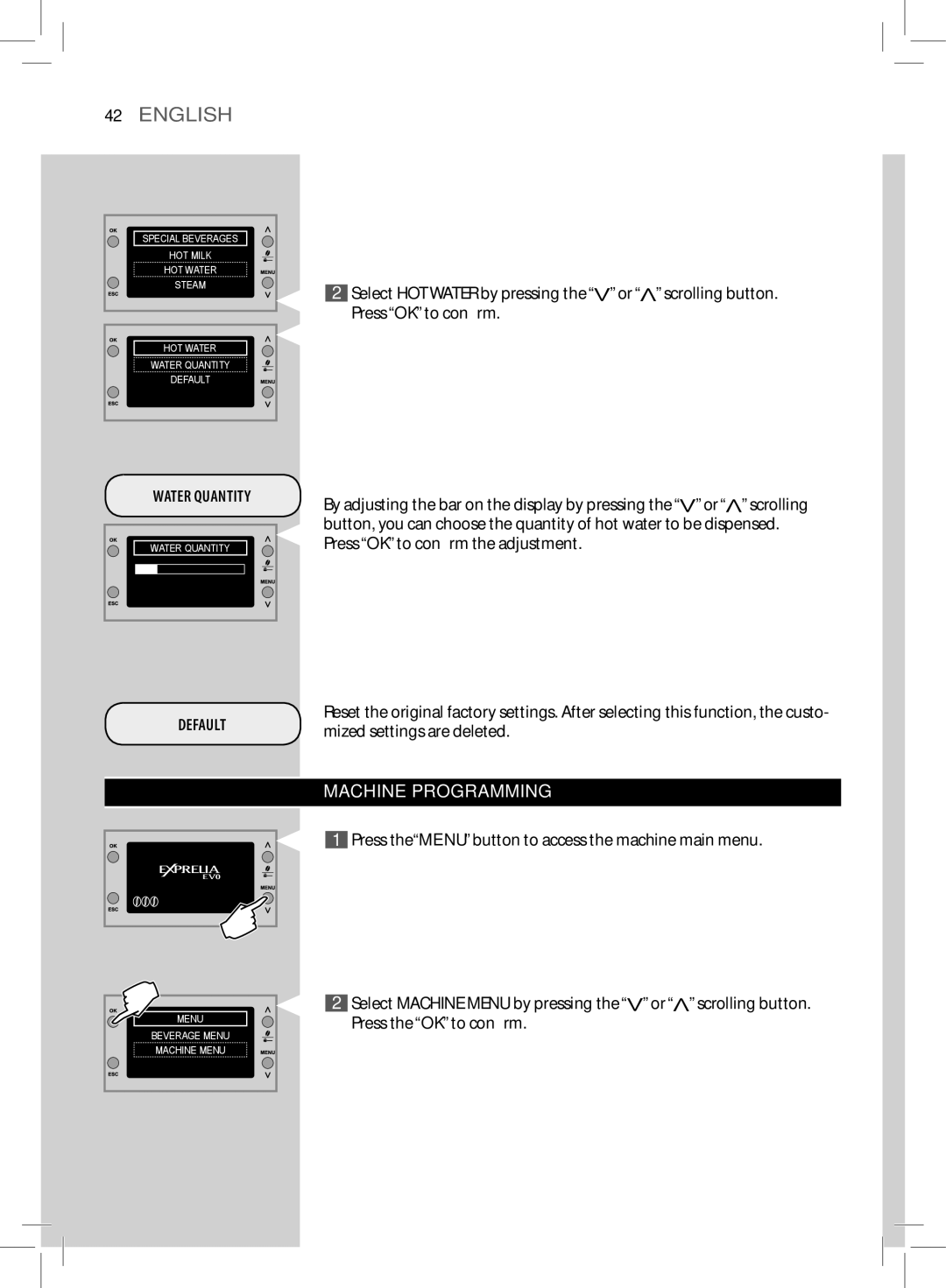 Philips HD8857, HD8855 user manual Machine Programming, Water Quantity 