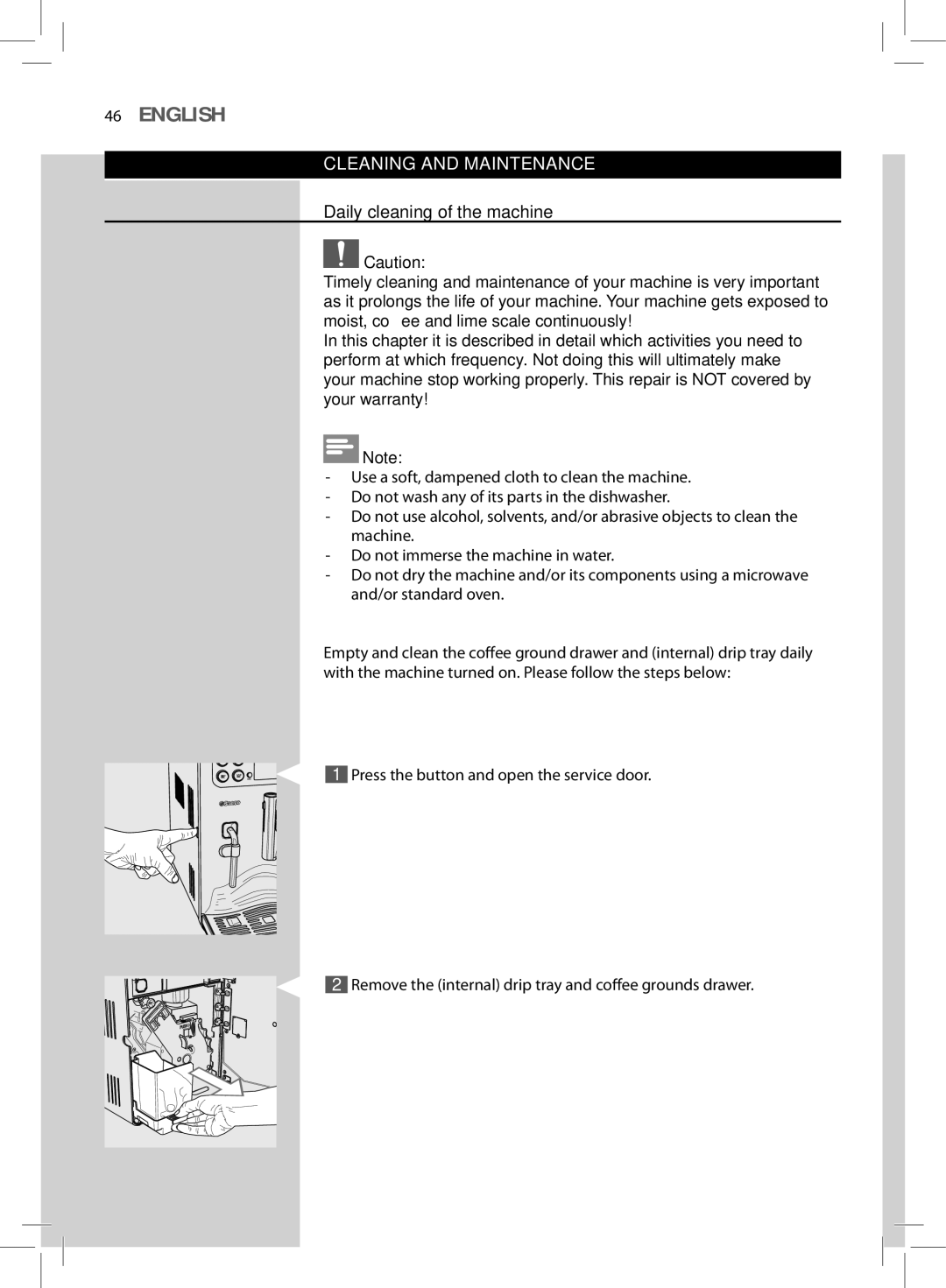 Philips HD8857, HD8855 user manual Cleaning and Maintenance, Daily cleaning of the machine 