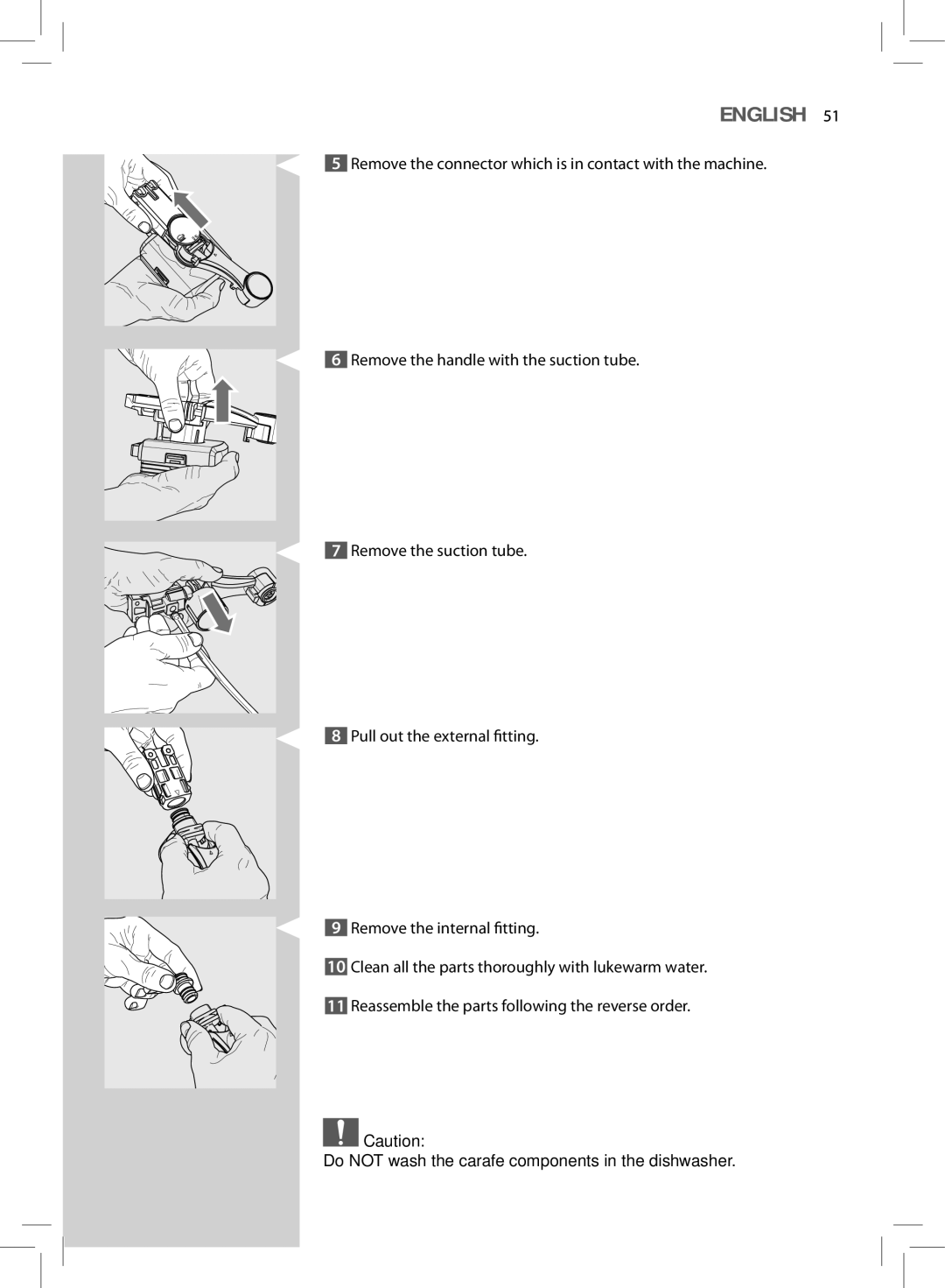 Philips HD8855, HD8857 user manual Do not wash the carafe components in the dishwasher 