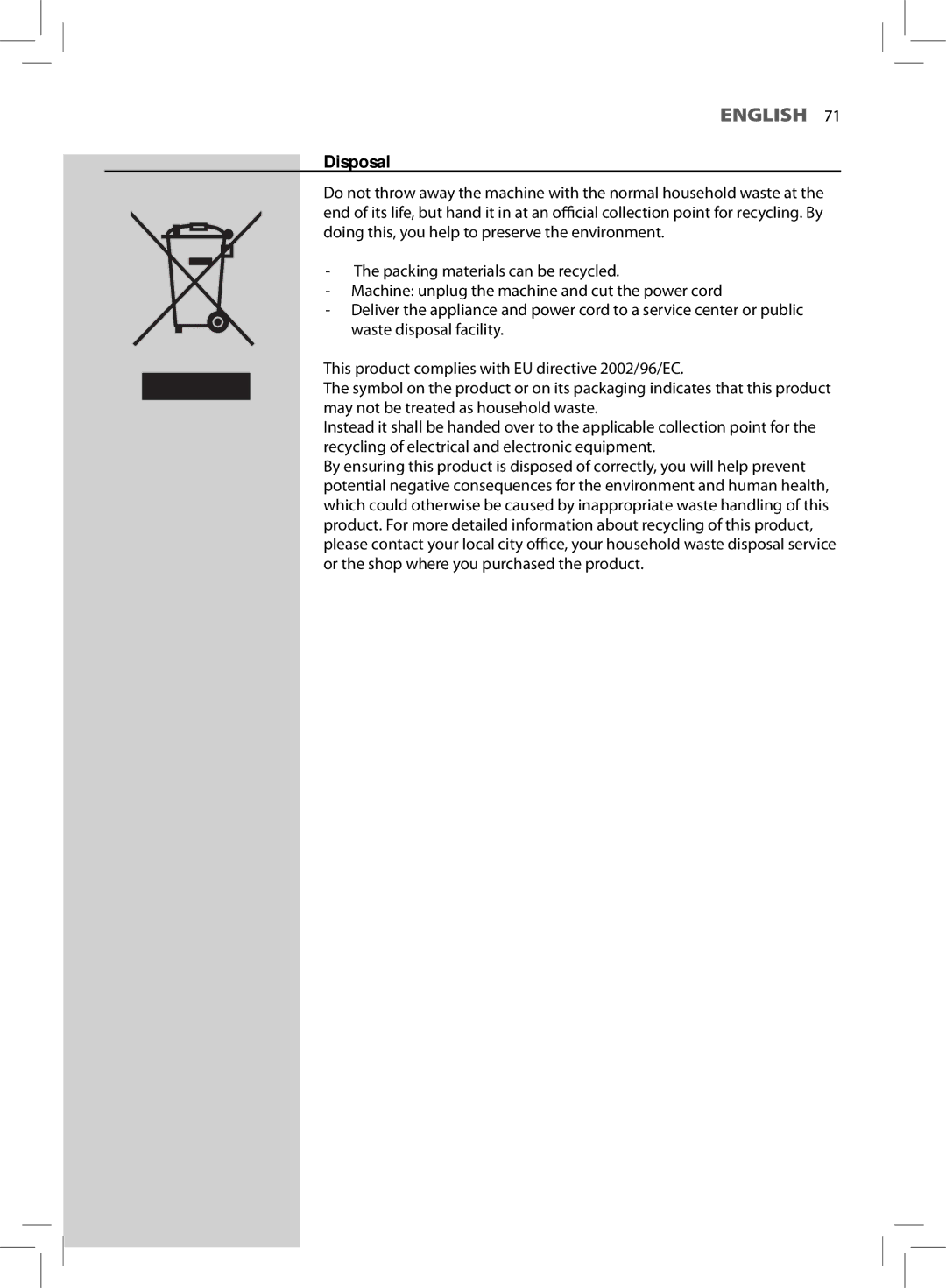 Philips HD8855, HD8857 user manual Disposal 