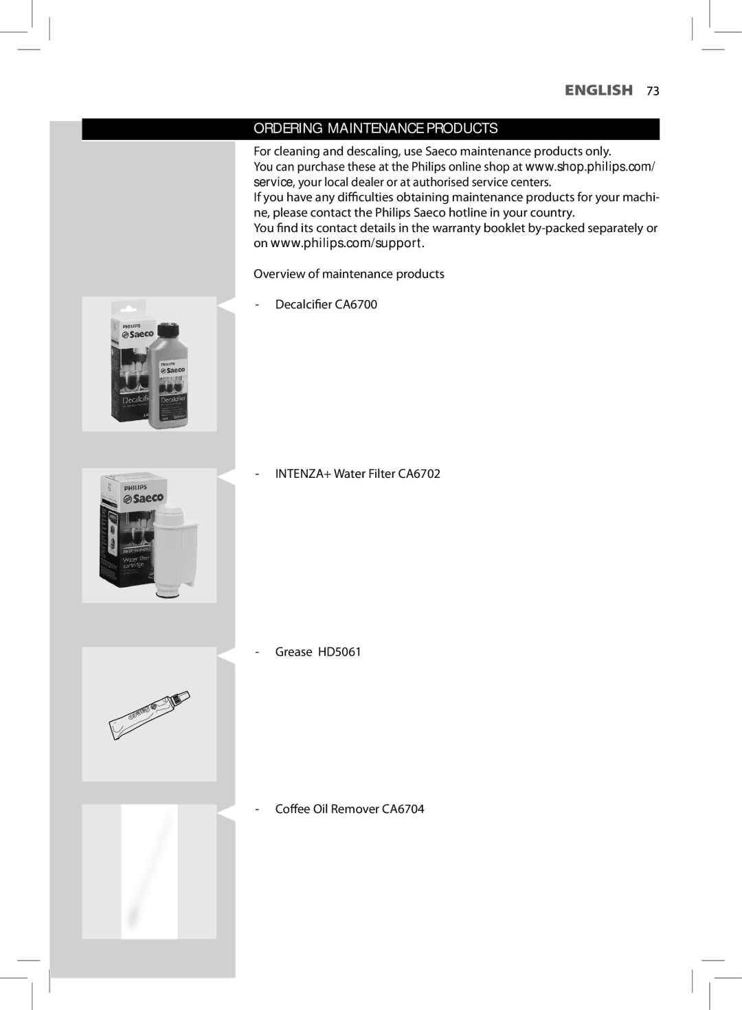 Philips HD8855, HD8857 user manual Ordering Maintenance Products 