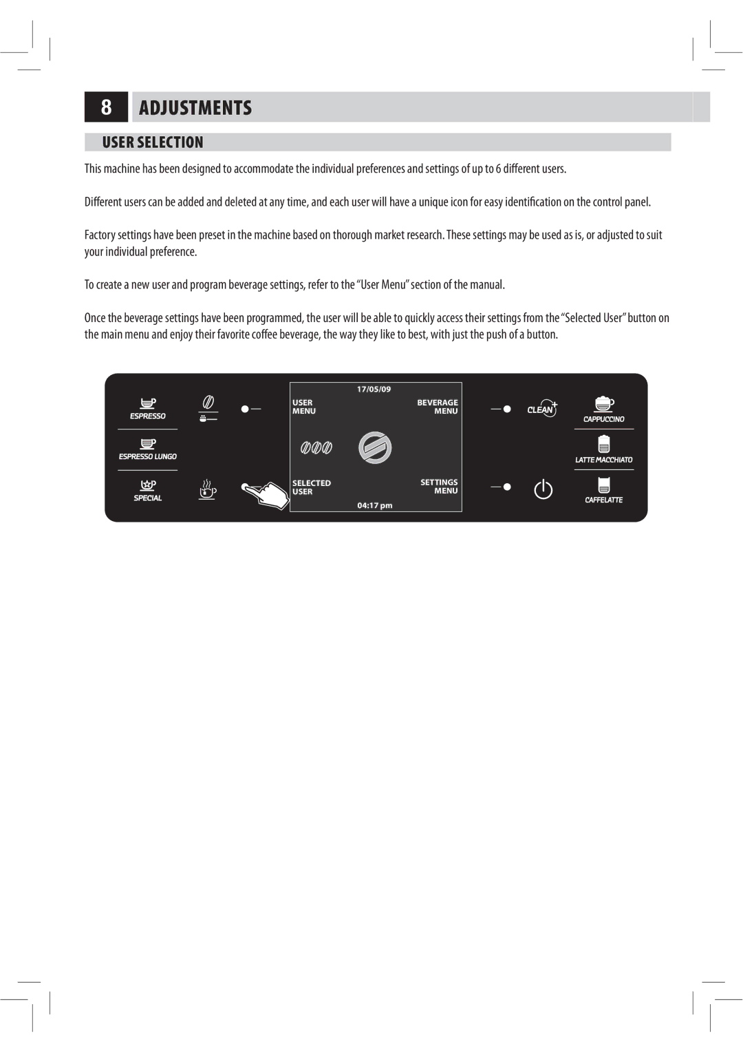 Philips HD8944, HD8943, Saxelsis manual Adjustments, User Selection, ZpvsJoejwjevbmQsfgfsfodf 