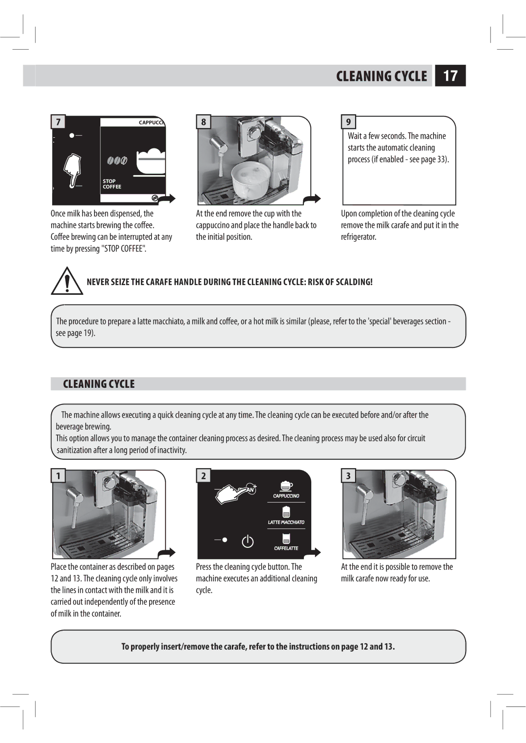 Philips HD8944, HD8943, Saxelsis manual Cleaning Cycle, Initial position Refrigerator, Milk in the container 