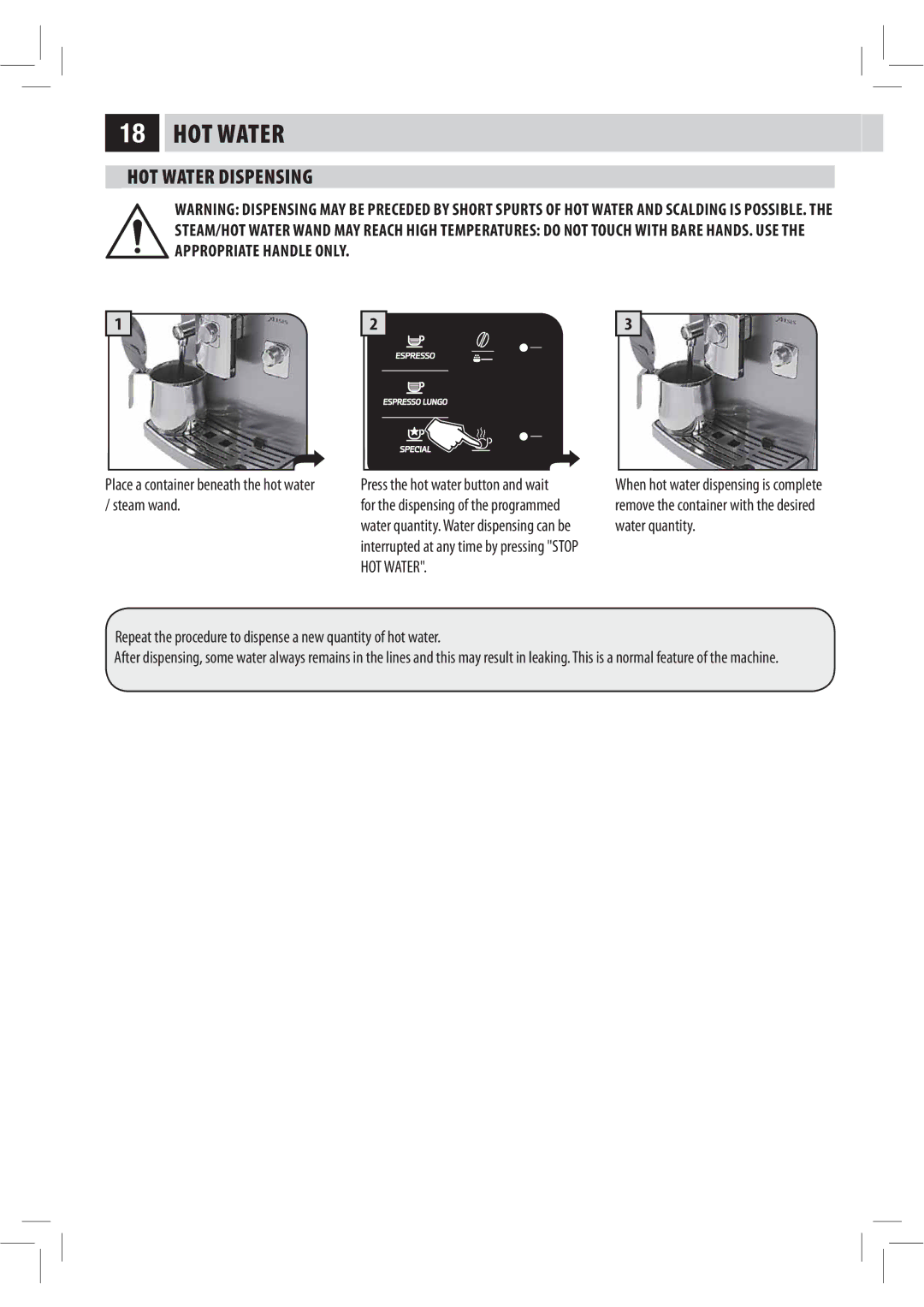 Philips HD8943, HD8944, Saxelsis manual HOT Water Dispensing 