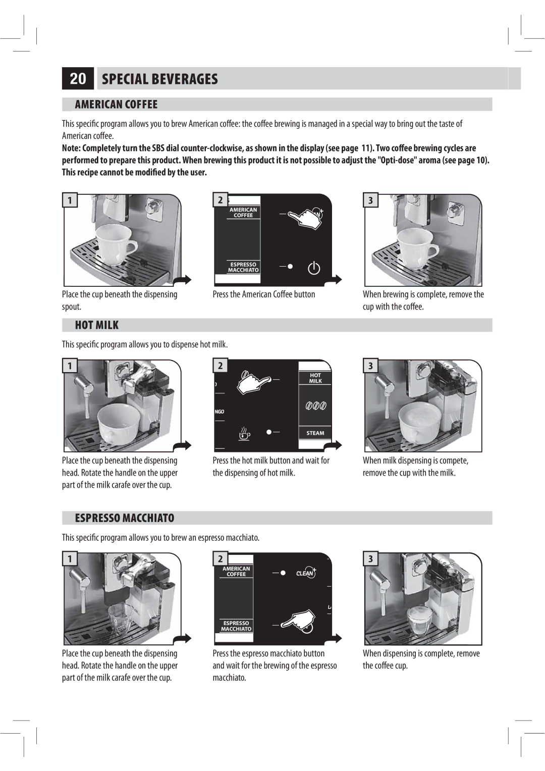 Philips HD8944, HD8943, Saxelsis manual American Coffee, HOT Milk, Espresso Macchiato 