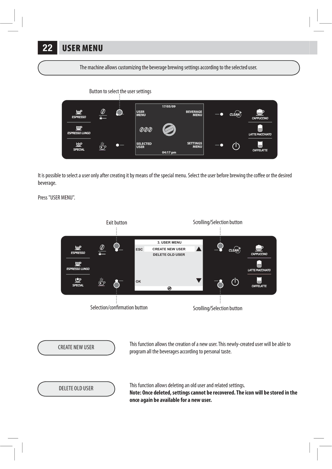 Philips Saxelsis, HD8944, HD8943 manual User Menu, Cfwfsbhf, Create NEW User, Delete OLD User 