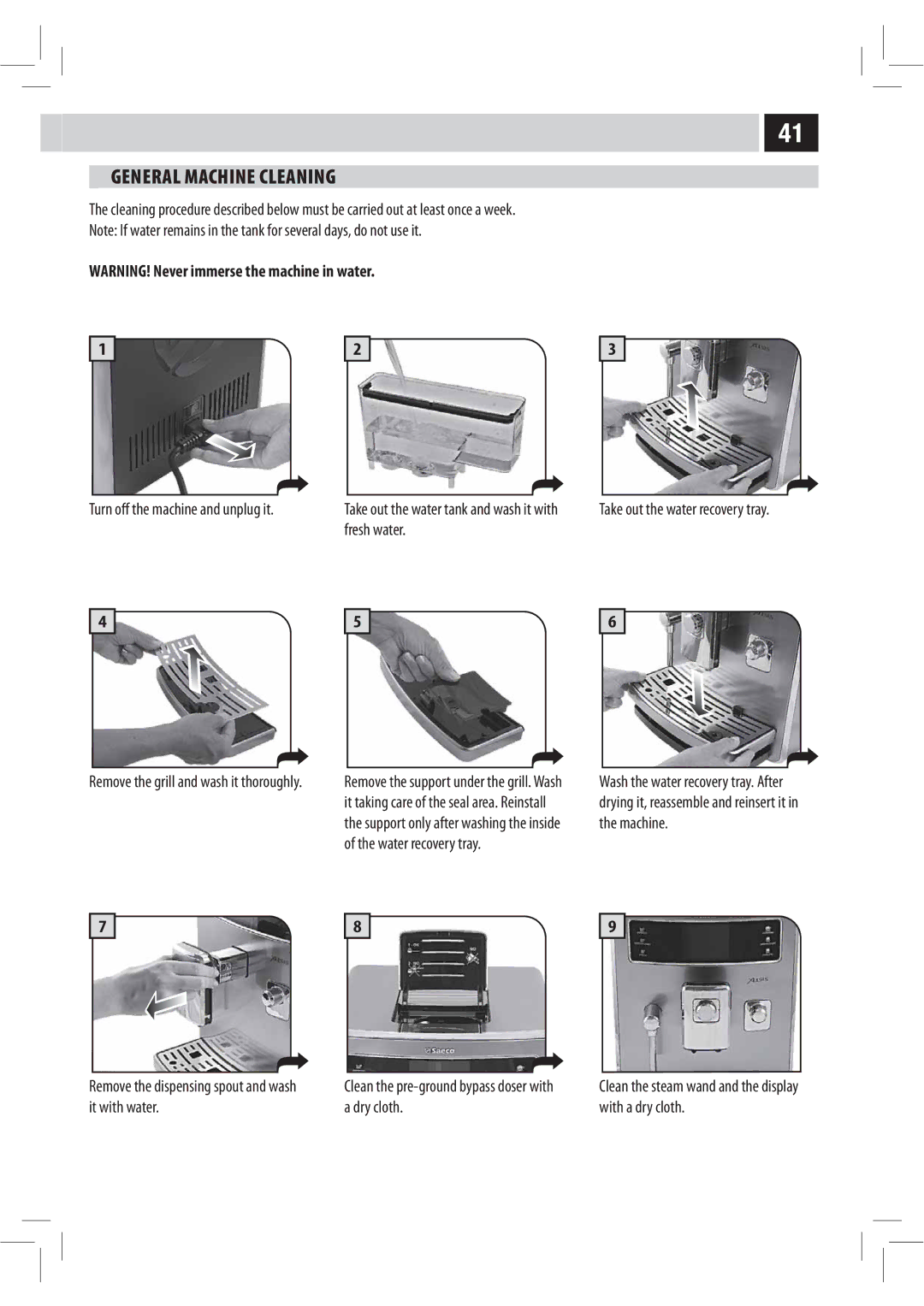 Philips HD8944, HD8943, Saxelsis manual General Machine Cleaning, GsftiXbufs, JuXjuiXbufs, Dry cloth, XjuiBEszDmpui 