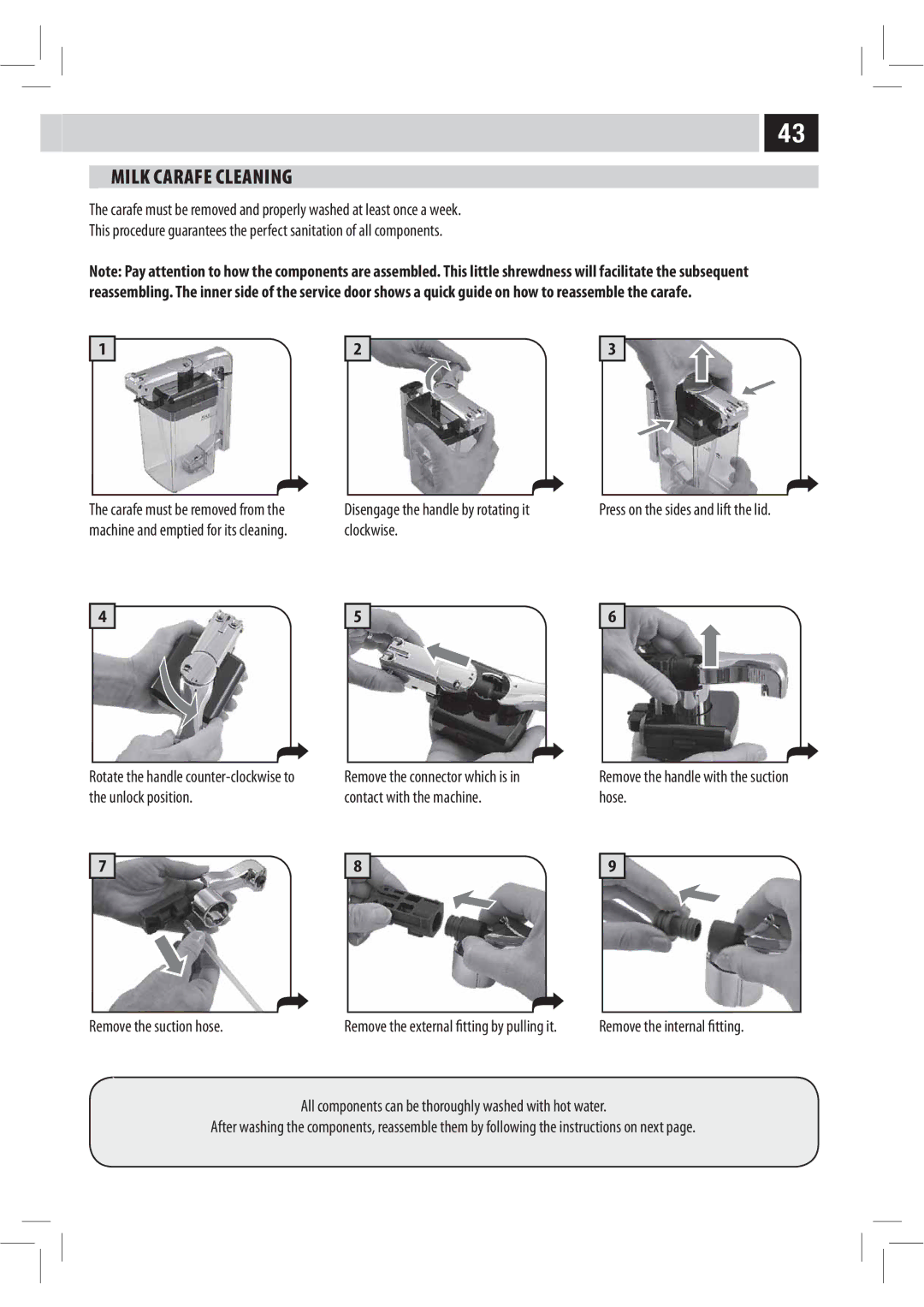 Philips Saxelsis manual Milk Carafe Cleaning, Unlock position, Hose, MmDpnqpofoutDboCfUipspvhimzXbtifeXjuiIpuXbufs 