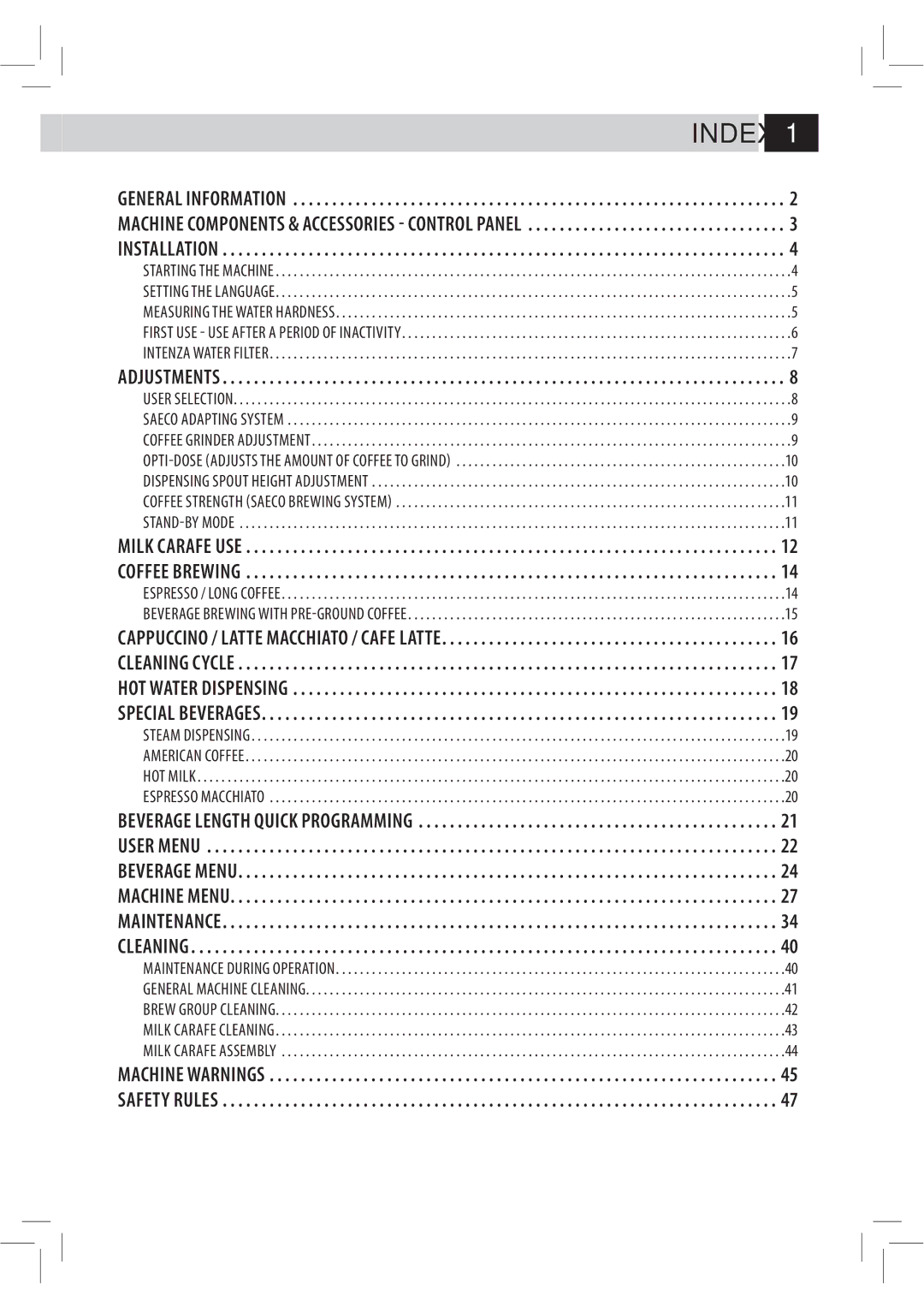 Philips Saxelsis, HD8944, HD8943 manual Index, Adjustments 