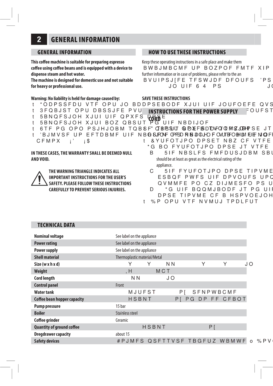 Philips HD8944, HD8943, Saxelsis manual General Information, Instructions for the Power Supply Cord, Technical Data 