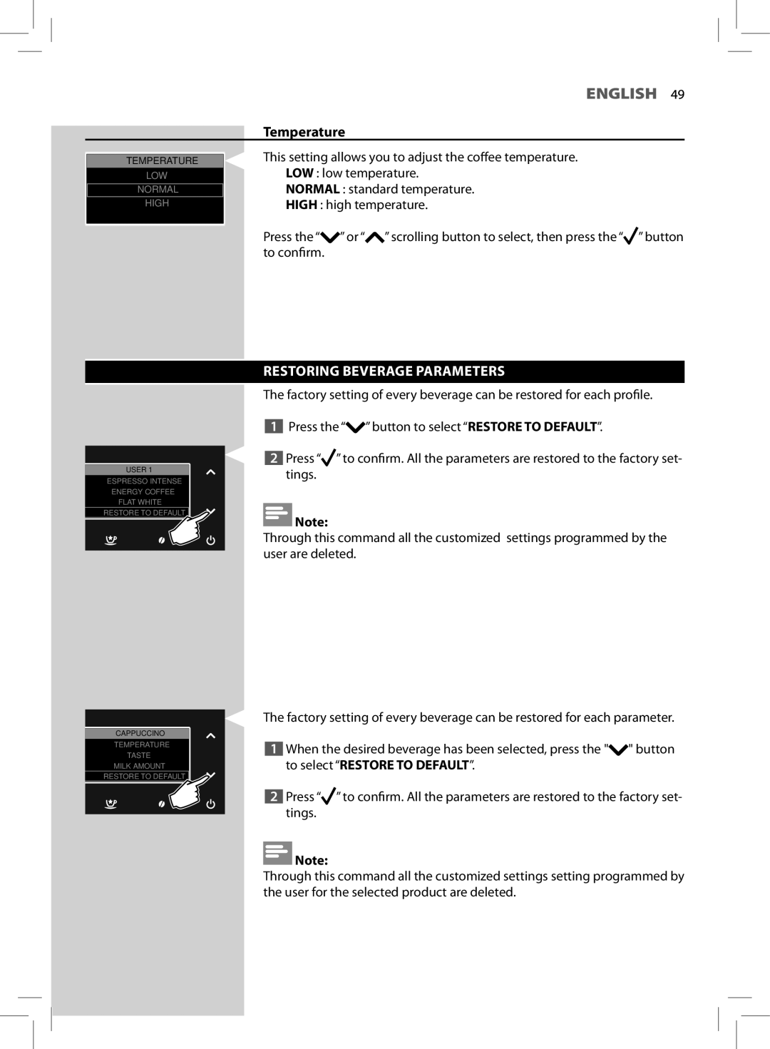 Philips HD8964 user manual Restoring Beverage Parameters, To confirm 