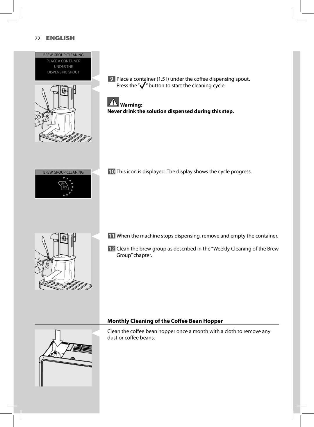 Philips HD8964 user manual Monthly Cleaning of the Coffee Bean Hopper 