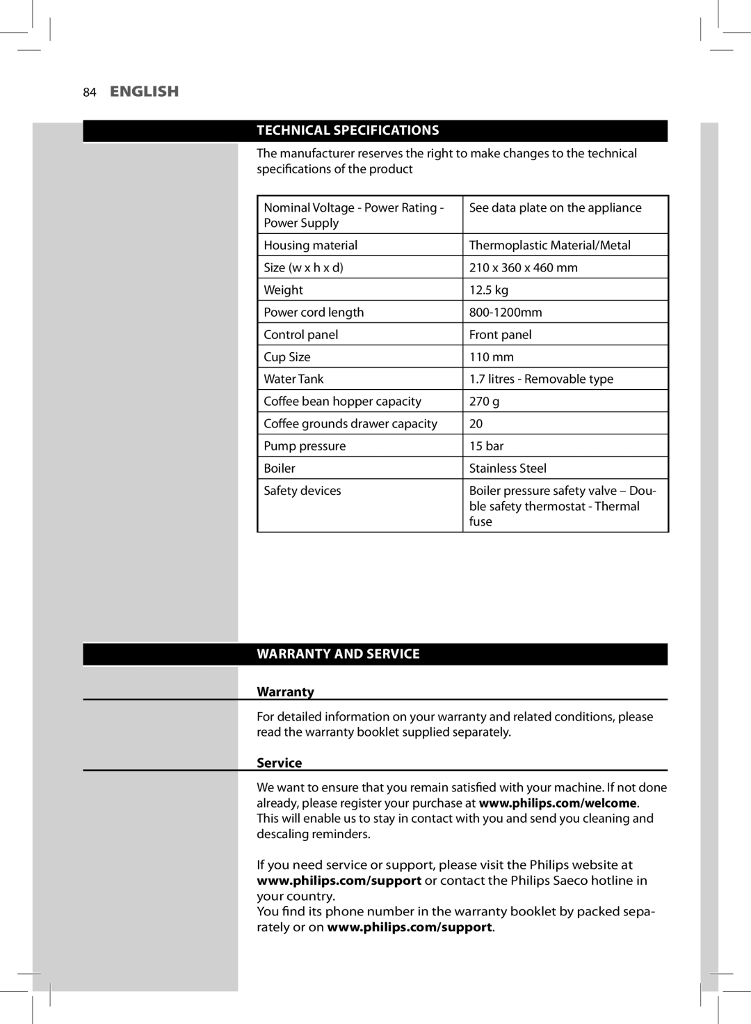 Philips HD8964 user manual Technical Specifications, Warranty and Service 