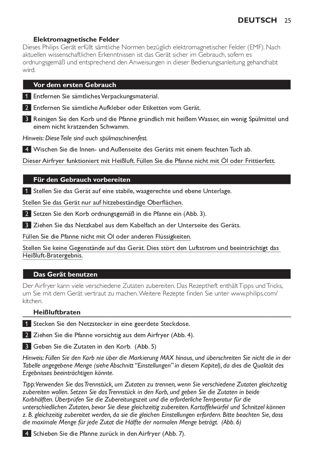 Philips HD9220 manual Elektromagnetische Felder, Vor dem ersten Gebrauch, Für den Gebrauch vorbereiten, Das Gerät benutzen 