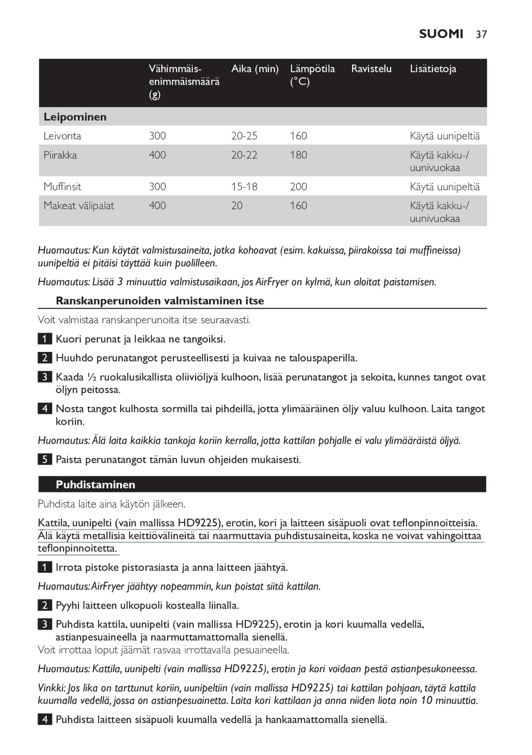 Philips HD9220, HD9225 manual Leipominen, Ranskanperunoiden valmistaminen itse, Puhdistaminen 