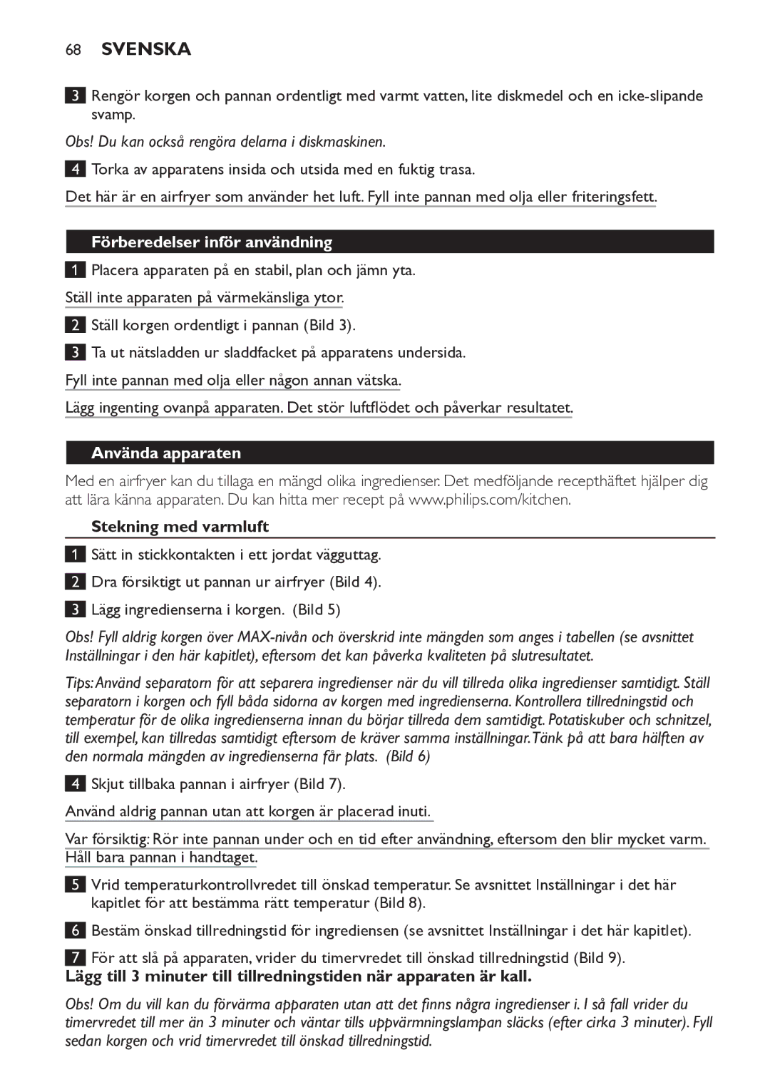 Philips HD9225, HD9220 manual Förberedelser inför användning, Ställ korgen ordentligt i pannan Bild 3, Använda apparaten 