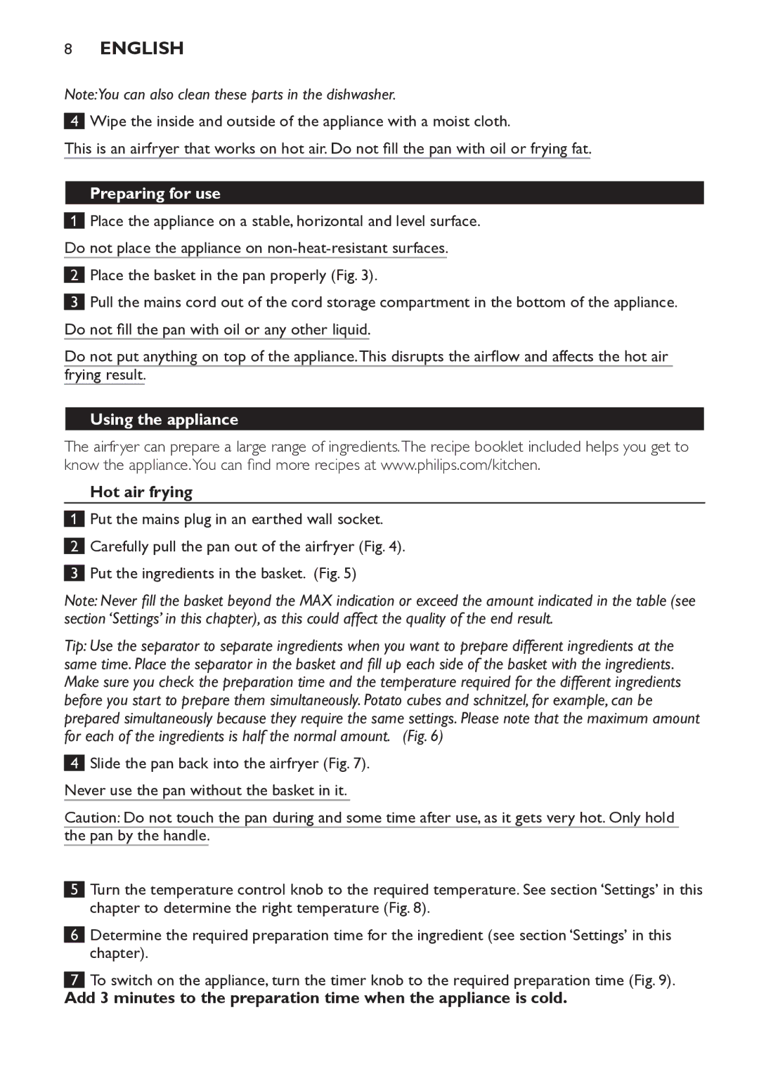 Philips HD9225, HD9220 manual Preparing for use, Using the appliance, Hot air frying 