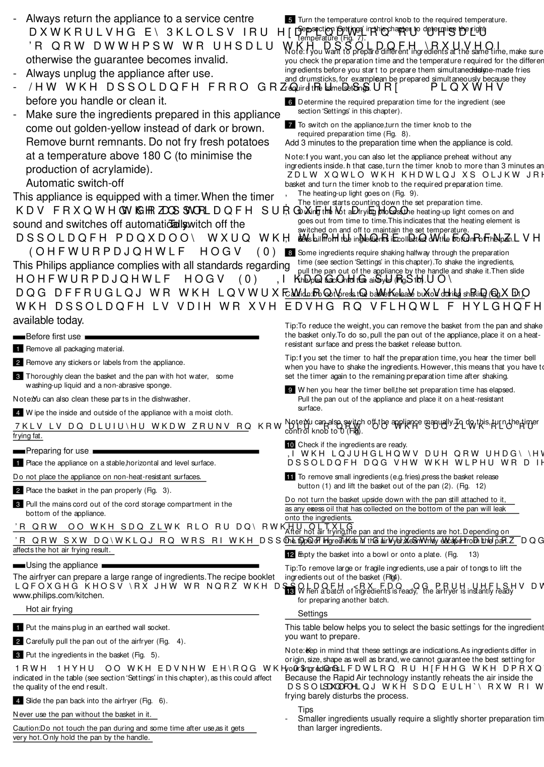 Philips HD9225, HD9226, HD9220 Before first use, Preparing for use, Using the appliance, Hot air frying, Settings, Tips 