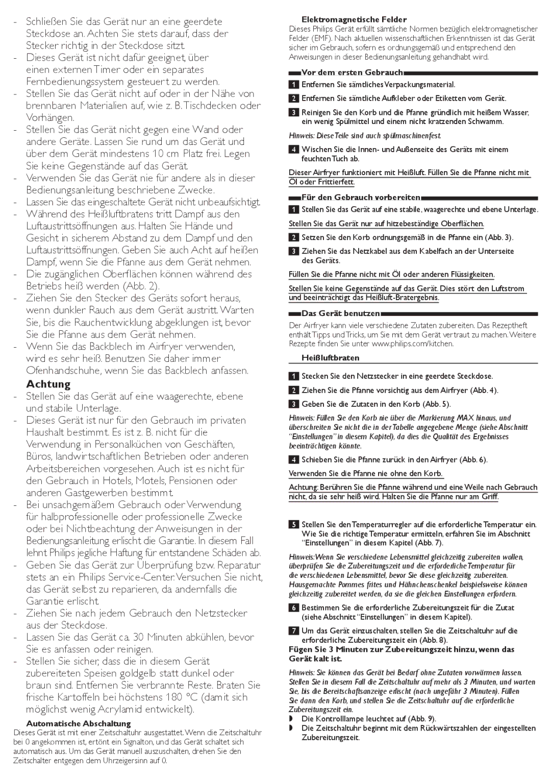 Philips HD9225, HD9226, HD9220 user manual Achtung 