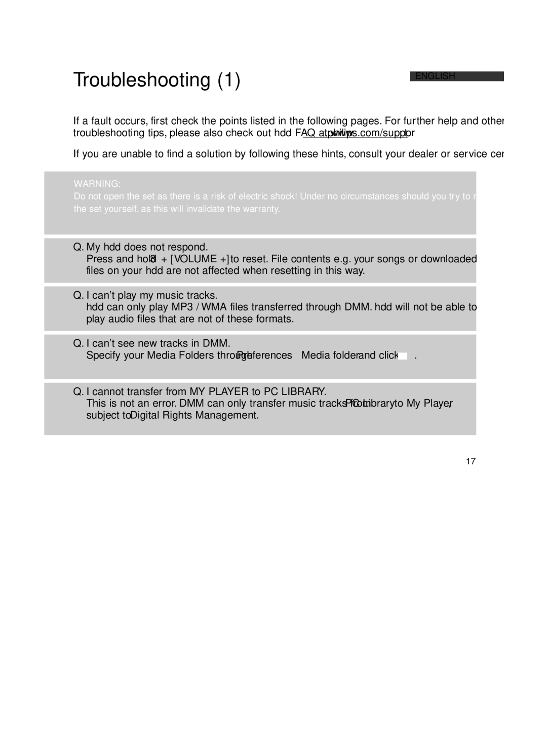 Philips HDD060 user manual Troubleshooting 