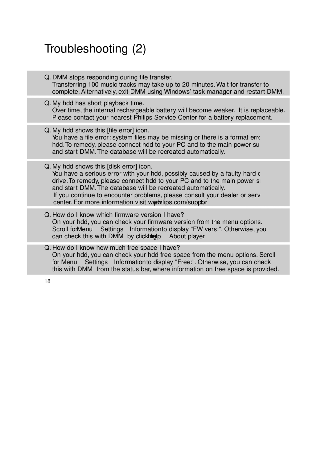 Philips HDD060 user manual DMM stops responding during file transfer 