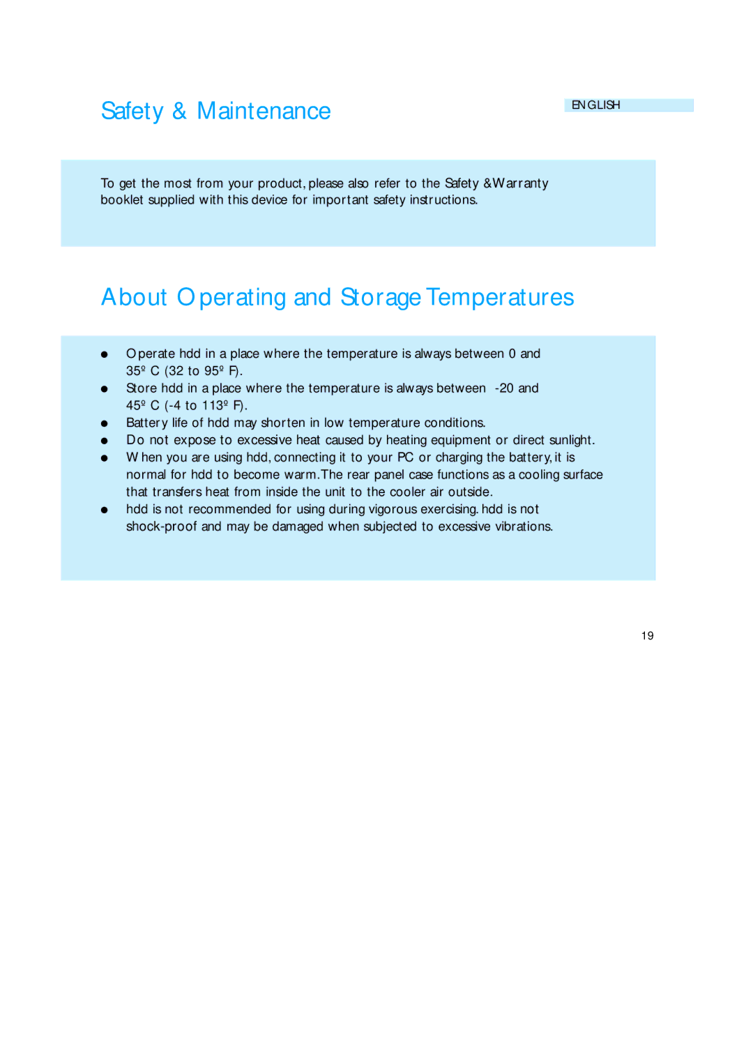 Philips HDD060 user manual Safety & Maintenance, About Operating and Storage Temperatures 