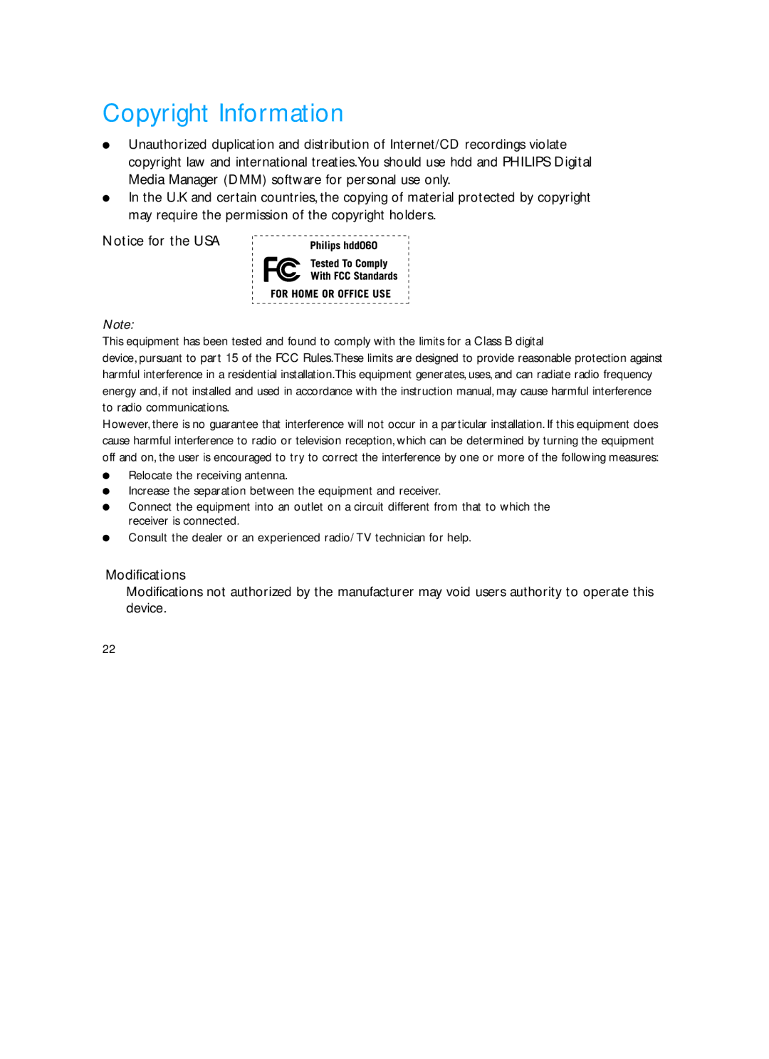 Philips HDD060 user manual Copyright Information 