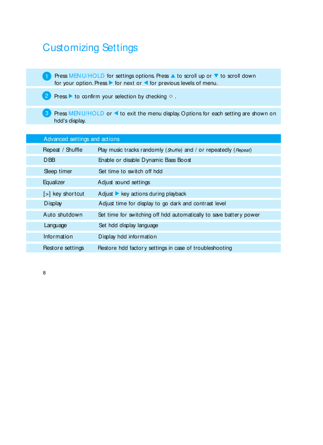 Philips HDD060 user manual Customizing Settings, Dbb 