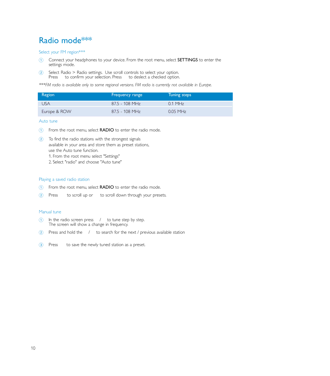 Philips HDD085 user manual Radio mode, Select your FM region, Auto tune, Playing a saved radio station, Manual tune 