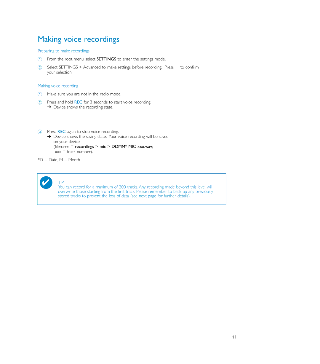 Philips HDD085 user manual Making voice recordings, Preparing to make recordings 