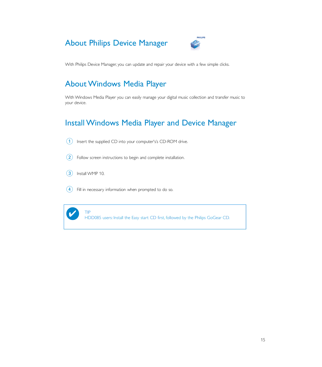 Philips HDD085 About Philips Device Manager, About Windows Media Player, Install Windows Media Player and Device Manager 