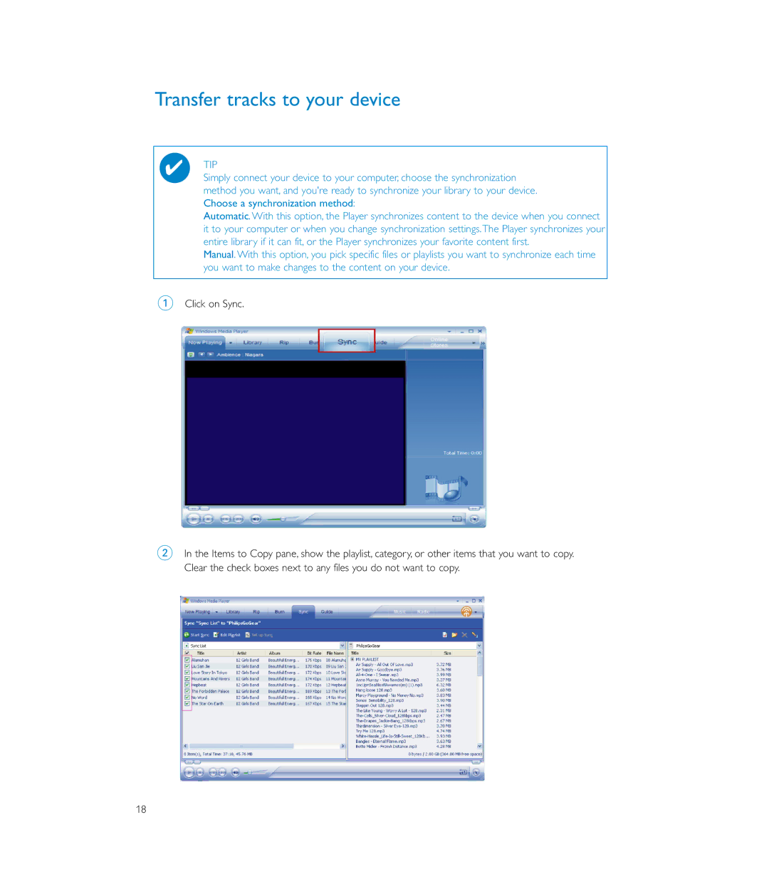 Philips HDD085 user manual Transfer tracks to your device 