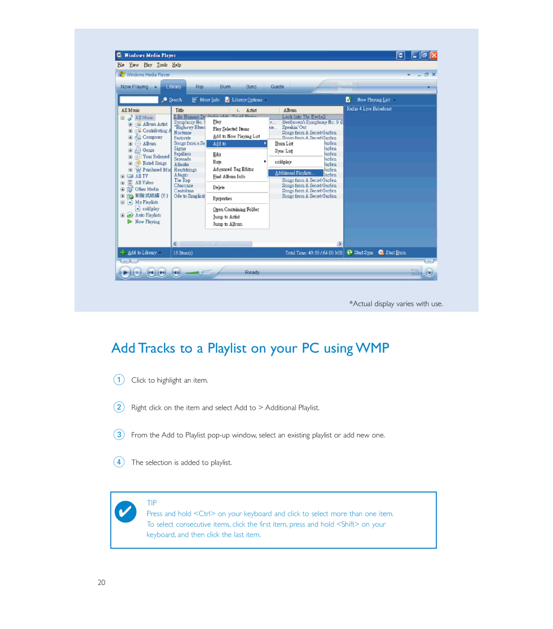 Philips HDD085 user manual Add Tracks to a Playlist on your PC using WMP 