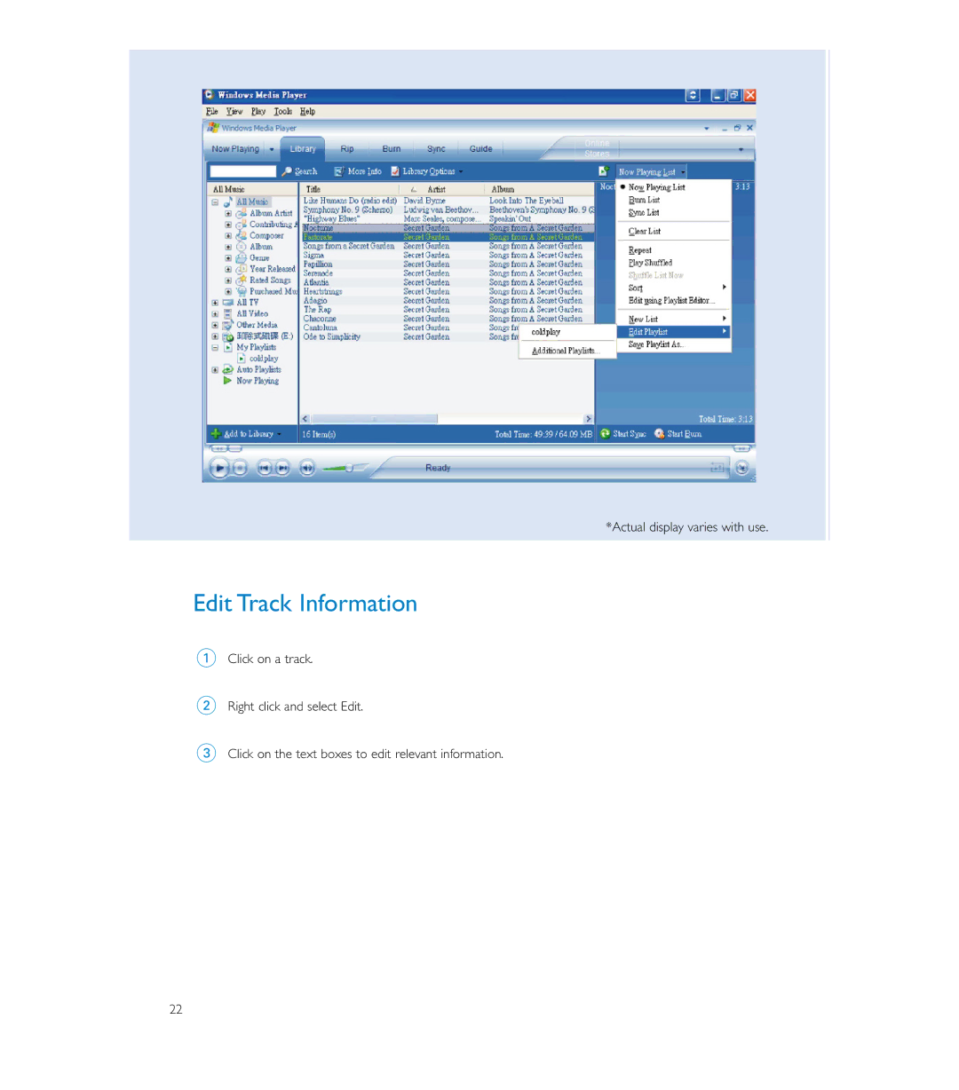 Philips HDD085 user manual Edit Track Information 