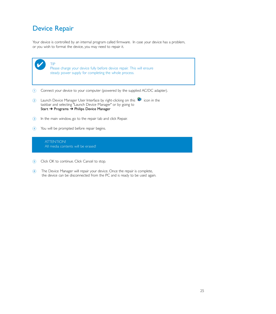 Philips HDD085 user manual Device Repair, All media contents will be erased 