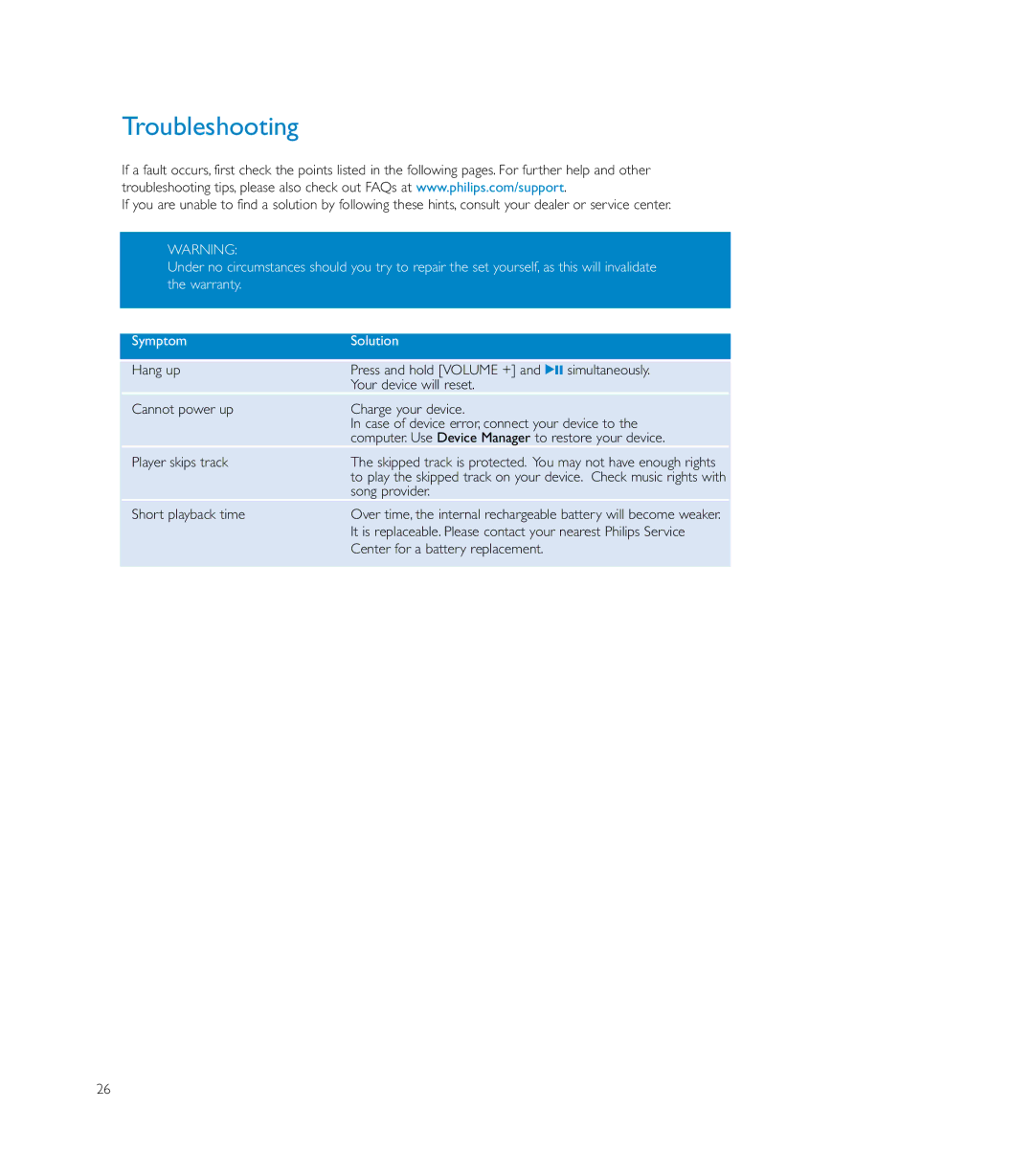 Philips HDD085 user manual Troubleshooting, Short playback time 