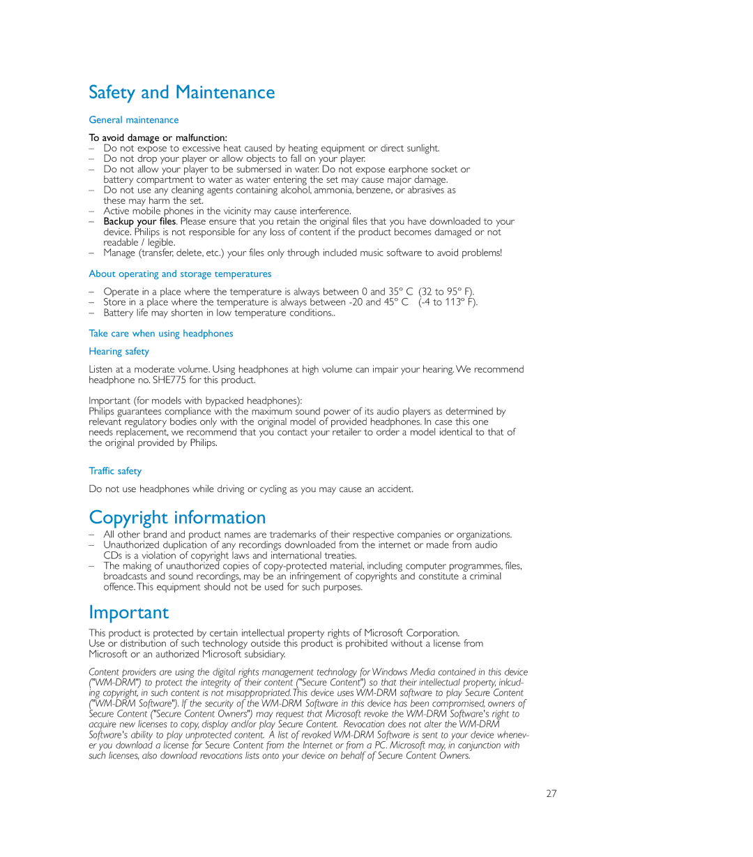 Philips HDD085 user manual Safety and Maintenance, Copyright information 