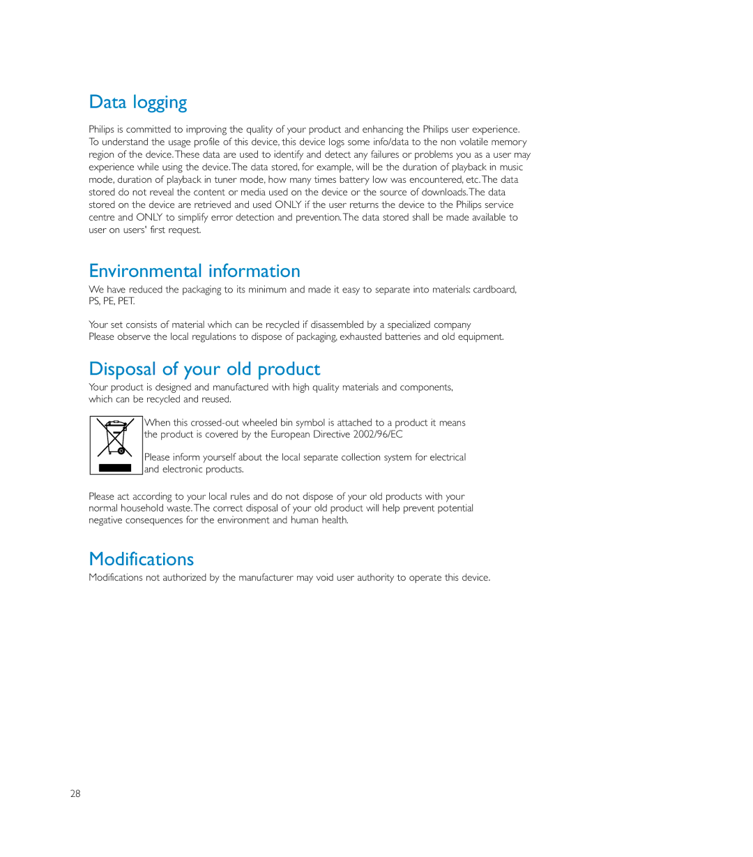 Philips HDD085 user manual Data logging, Environmental information, Disposal of your old product, Modifications 