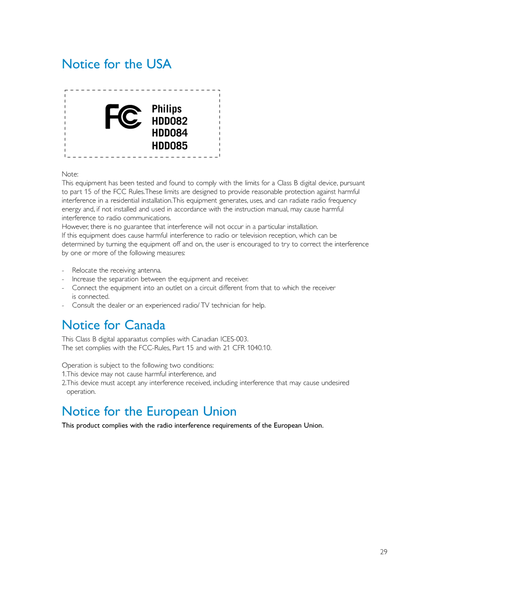 Philips user manual Philips HDD082 HDD084 HDD085 