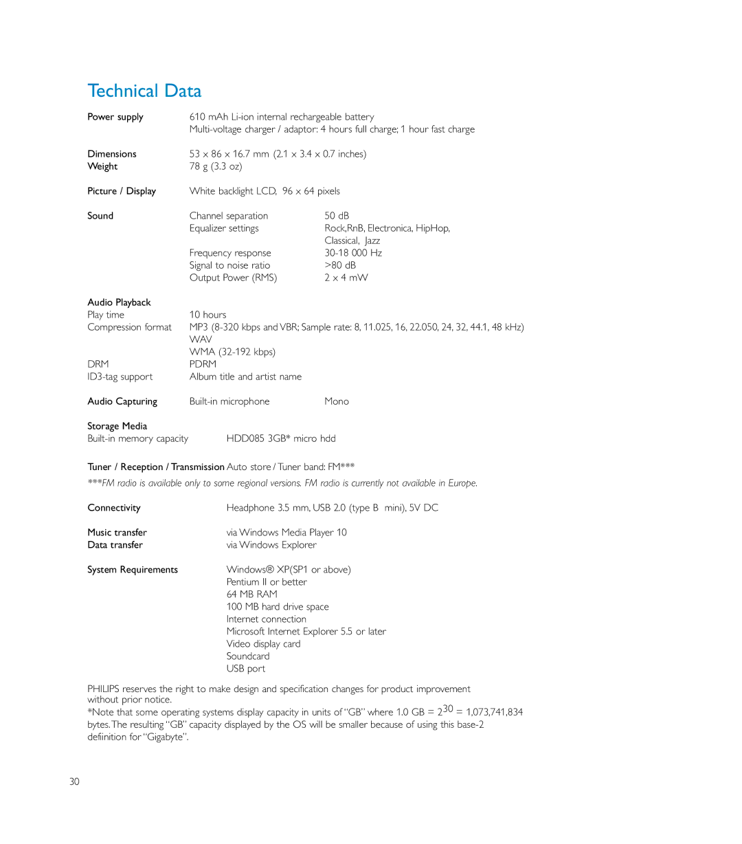 Philips HDD085 user manual Technical Data, DRM Pdrm 