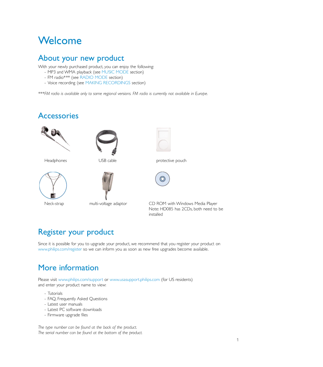 Philips HDD085 user manual About your new product, Accessories, Register your product More information 