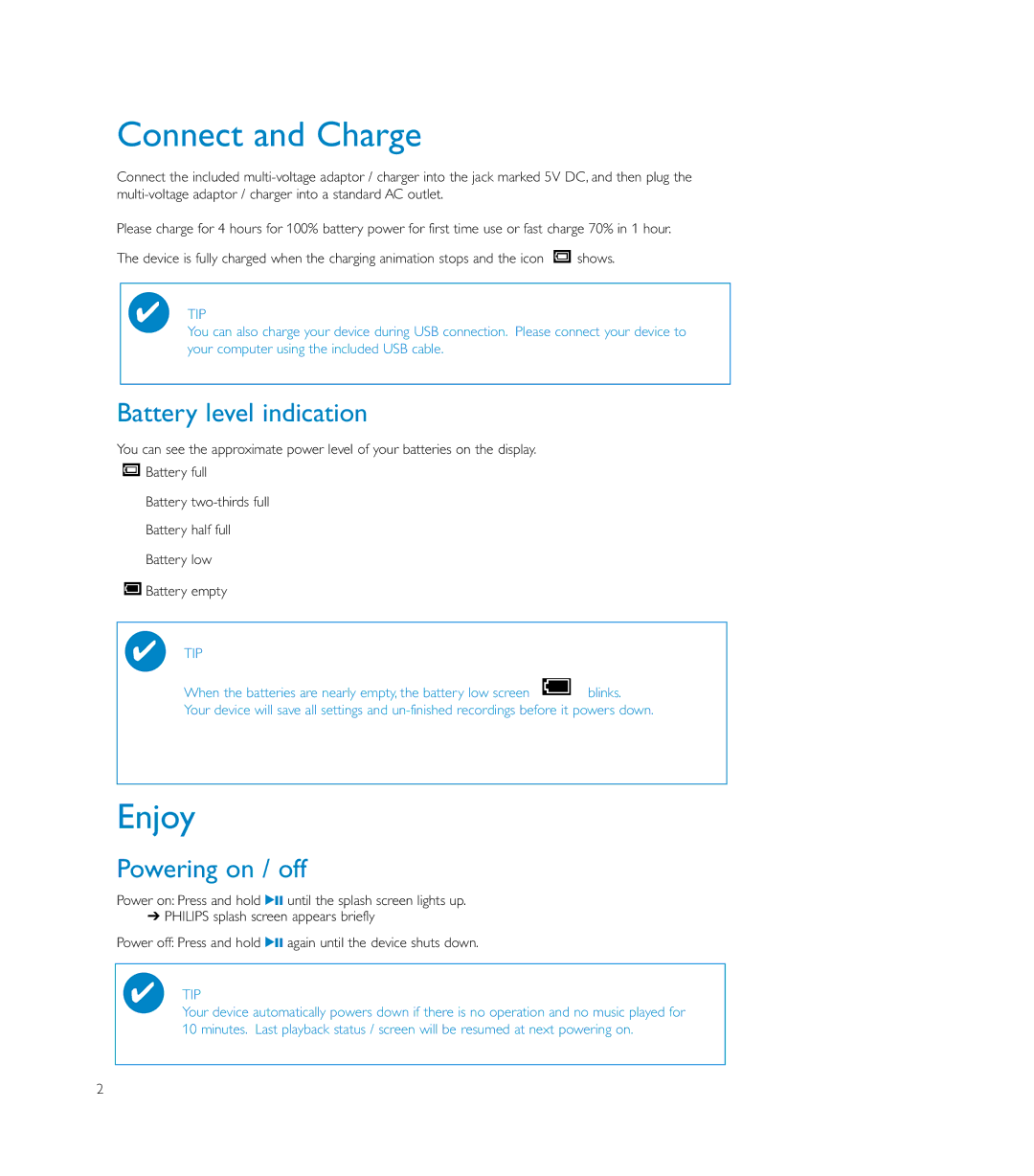 Philips HDD085 user manual Battery level indication, Powering on / off 