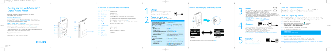 Philips HDD086/17 user manual Charge, Power on and play, Install, Connect, Transfer 