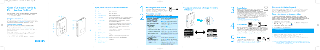 Philips HDD086/17 user manual Recharge de la batterie, Mise sous tension, Installation, Connexion, Transférez 