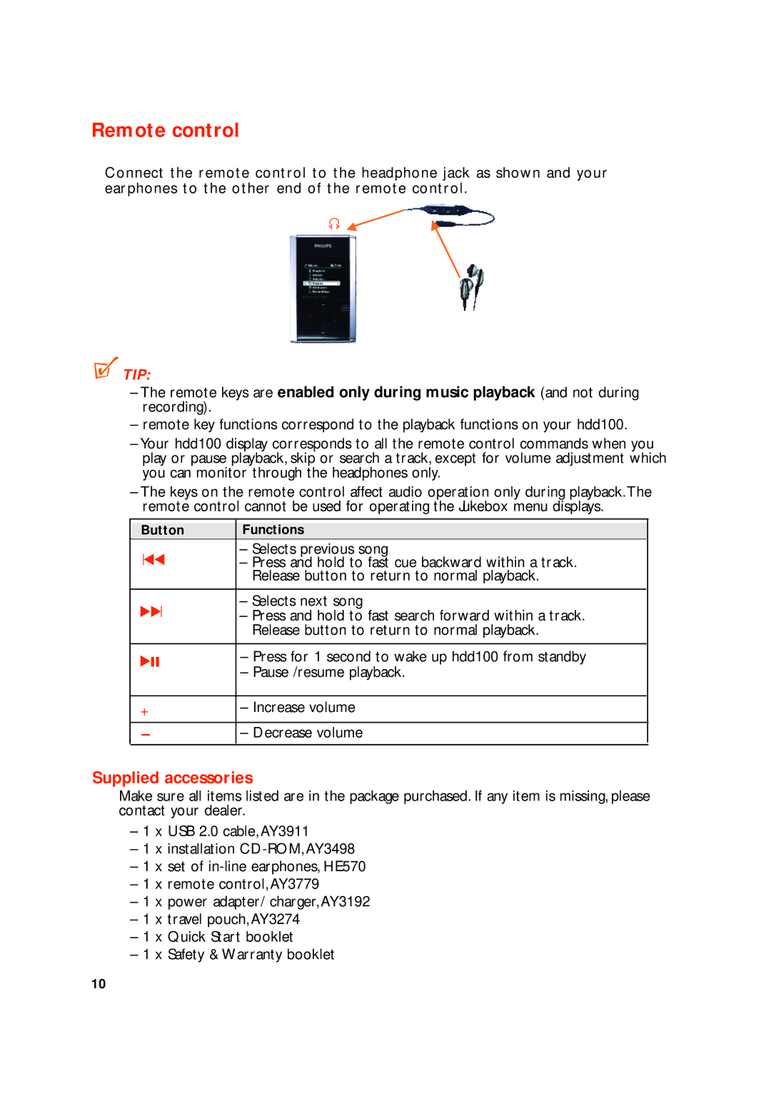 Philips HDD100 user manual Remote control, Supplied accessories 