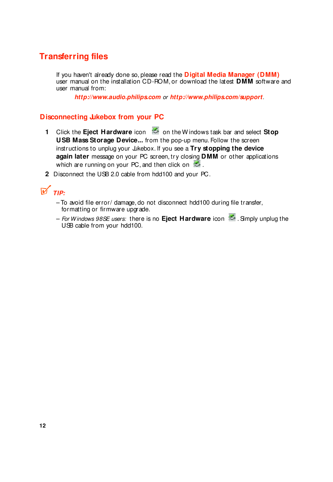 Philips HDD100 user manual Transferring files, Disconnecting Jukebox from your PC 