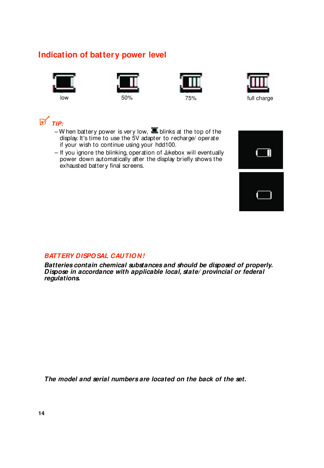 Philips HDD100 user manual Indication of battery power level, Battery Disposal Caution 