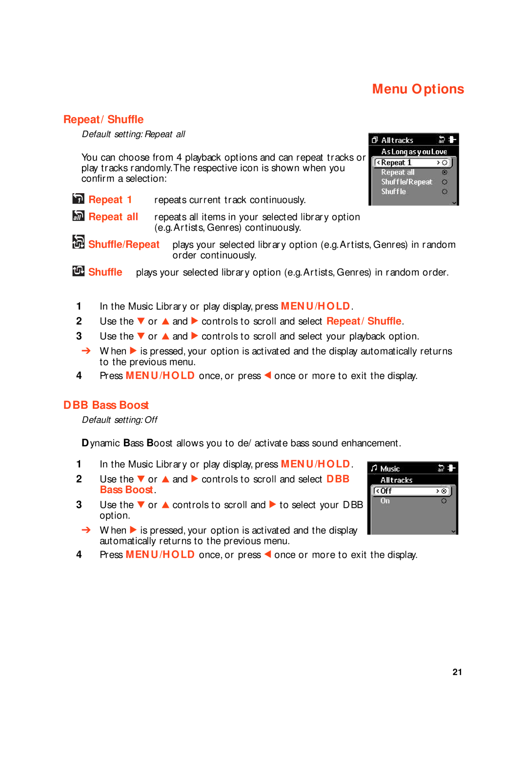 Philips HDD100 user manual Menu Options, Repeat/ Shuffle, DBB Bass Boost 